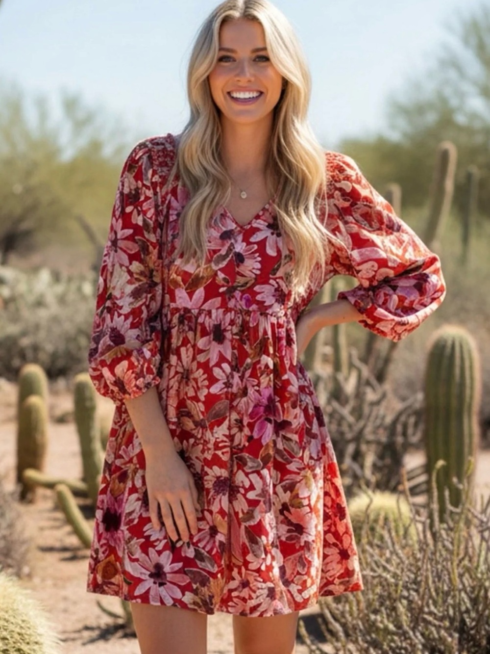 Umgee USA Women's Floral Country Dress Size Small Long Sleeve V Neck Boho NWT